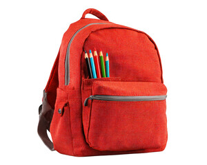 Red backpack school bag zipper pocket colored pencil isolated transparency background student education fabric cheerful