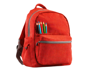 Red backpack school bag zipper pocket colored pencil isolated transparency background student education fabric cheerful