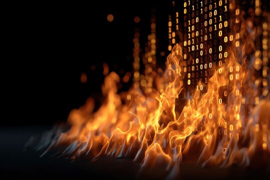 A column of binary code ablaze with flames engulfing the digits and creating a dramatic abstract visual - Powered by Adobe