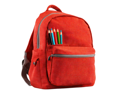 Red backpack school bag zipper pocket colored pencil isolated transparency background student education fabric cheerful