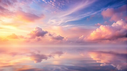 Fototapeta premium Soft lavender and peach hues blend with ethereal cloudscape in a serene pastel horizon with gentle mist and subtle gradient effect