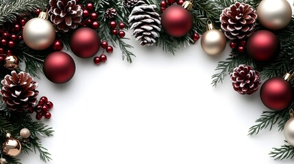 A holiday-themed arrangement with red and gold baubles, frosted pinecones, and evergreen branches on a blank white backdrop