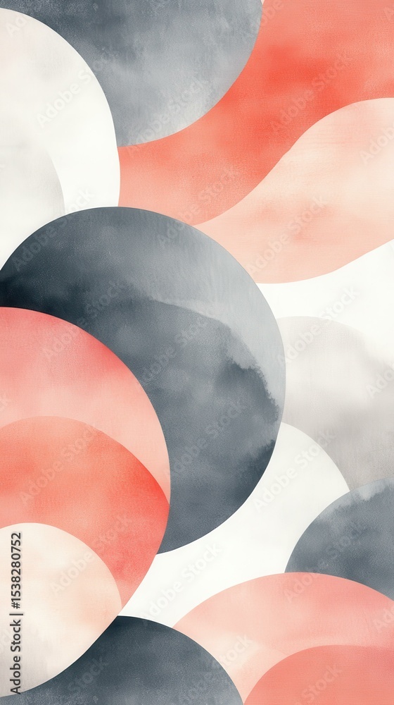 Poster abstract shapes with overlapping circles in gray and coral tones