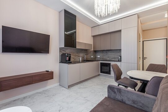 Living room with kitchen in small studio apartment with brown sofa, TV, nightstand, table with chairs, built-in refrigerator and cabinets.