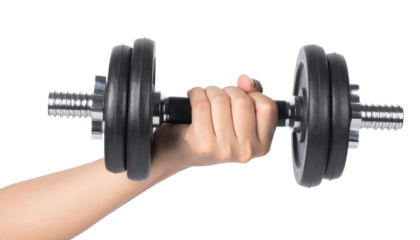 Hand holding a black dumbbell Isolated on Transparent or White Background