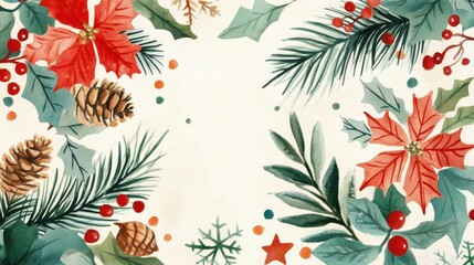 Fototapeta premium Watercolor painting of festive winter plants and decorations