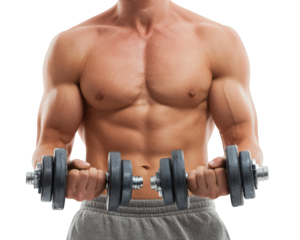 Muscular man holding dumbbells with strong arms and defined chest, fitness enthusiast training upper body, isolated on transparency background, healthy lifestyle motivation