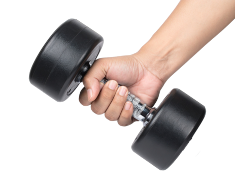 Hand holding a black dumbbell Isolated on Transparent or White Background