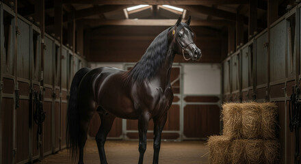 An elite horse stands in a stable. The lighting is dark, gentle, and gentle.