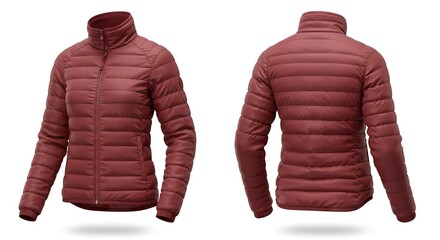 Front and back views of a maroon quilted zipup jacket isolated on a white background