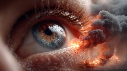 An intense apocalyptic scene of destruction and chaos with smoke and flames reflected in a human eye conveying a sense of imminent danger and crisis