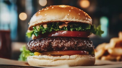 Close-up view of a juicy gourmet hamburger.