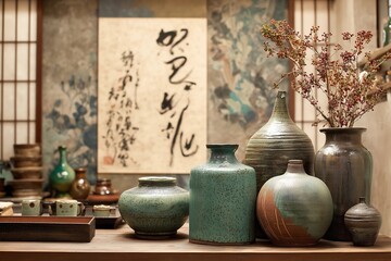 Traditional oriental arts: Traditional kitchen scene with handmade pottery, calligraphy, and glowing washi screen background
