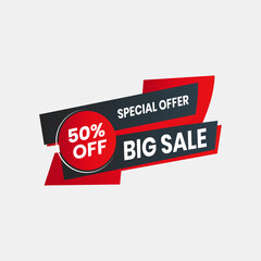 Geometric Shapes and Ribbon Banner Displaying Big Sale, Special Offer, and 50% Off Discount Text. Red and Black. Editable