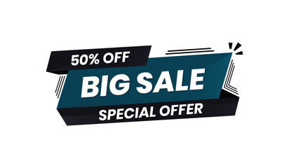 Colorful Ribbon and Shape Vector Banner Highlighting Big Sale, Special Offer, and 50% Off Promotion. Blue and Black. Editable. White Background