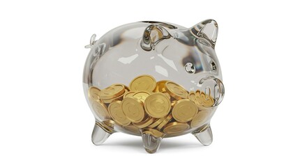 A transparent piggy bank is filled with numerous gold coins on a white surface