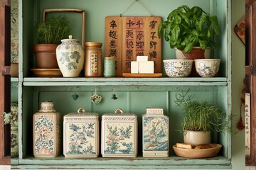 Traditional oriental arts: Hand-painted lanhui porcelain in antique kitchen shelf with tofu, herbs, and paper-cut decorations