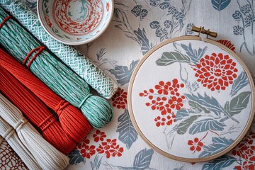 Traditional oriental arts: Still life of old kimono fabric, embroidery hoop, and kumihimo cords