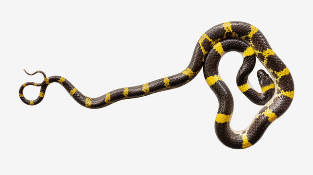 Closeup view of black and yellow lycodon laoensis aka laotian wolf snake isolated on white background