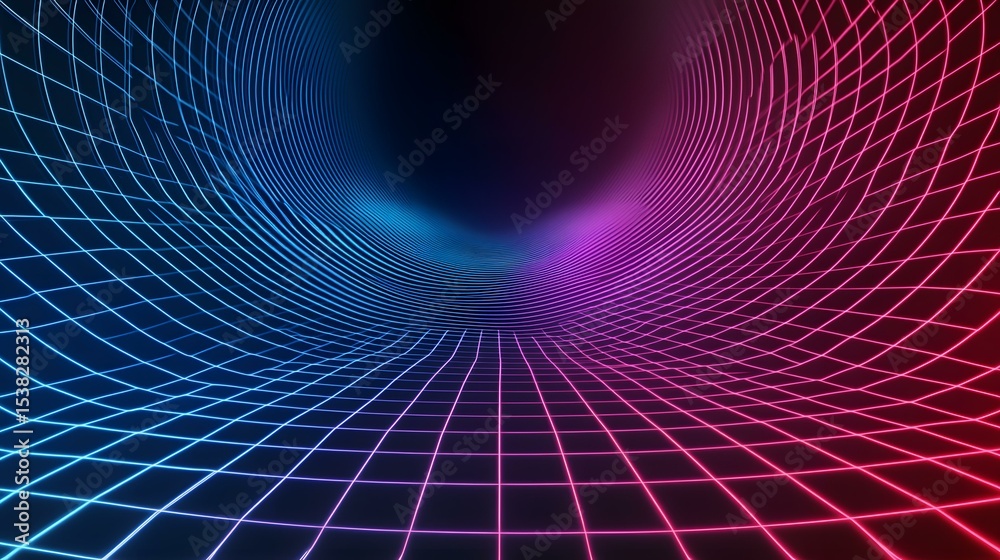 Wall mural the image shows a grid of glowing neon lines forming a warped, tunnel-like structure with a gradient