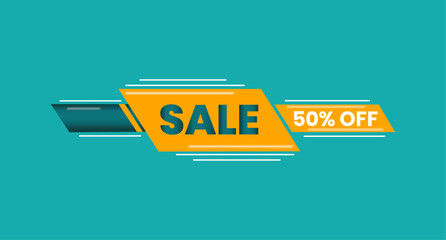 Bold Geometric Banner with Ribbons Featuring Sale, , and 50% Off Message. Yellow and Green. Editable