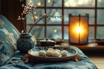 Traditional oriental arts: Kintsugi plate with mochi and a branch of plum blossoms, quiet Japanese breakfast scene 