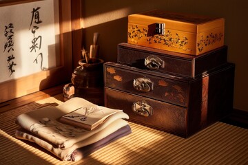 Traditional oriental arts: Still life of yosegi drawer chest and folded kimono, warm tatami room with soft shadows. Stack of yosegi marquetry boxes