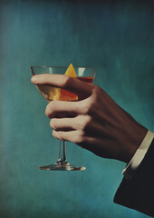 male hand holding cocktail wearing suit in vintage 1960s color film photo with blue background