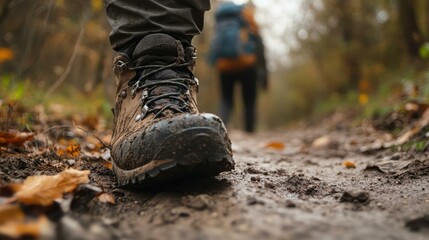 Adult person walking with mud-covered hiking boot in forest