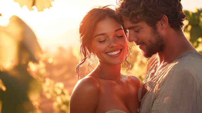 A happy couple stands close, smiling at each other with eyes closed, surrounded by lush vineyard leaves during a tranquil sunset, capturing a romantic atmosphere