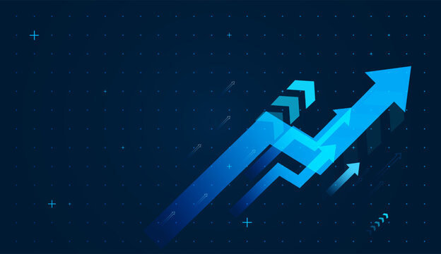 A dynamic blue arrow surges upward, symbolizing business growth, success, and positive market trends against a dark digital grid background. Group of Arrows up vector