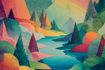 geometric colorful trees, river and mountains risograph texture background wallpaper art