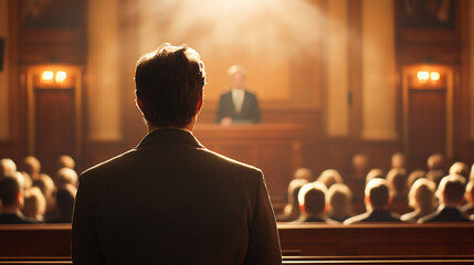 A lawyer is presenting a case in front of blurred figures in a courtroom setting; professionalism and law