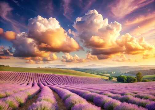 Soft pink clouds float above a serene landscape of rolling hills and fields of lavender in a warm sunny day - Powered by Adobe
