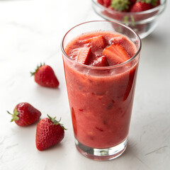 Fresh strawberry smoothie in a tall glass with whole strawberries  