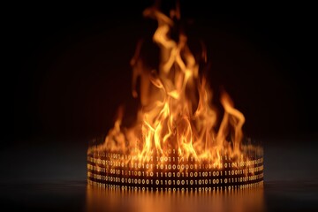 A fiery ring of binary code flames against a dark backdrop appearing to be burning the digital data