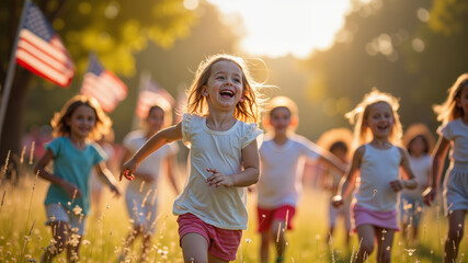 Children play joyfully while American flags adorn the scene.