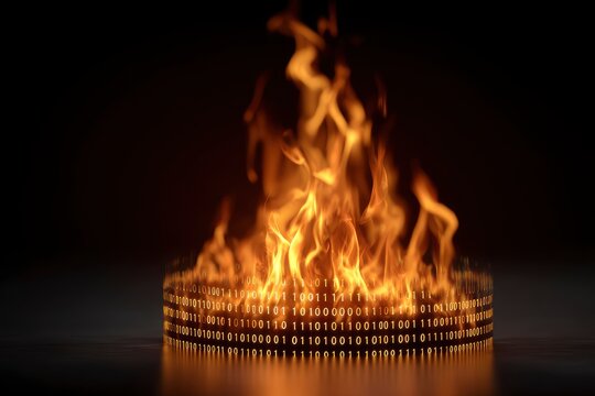 A fiery ring of binary code flames against a dark backdrop appearing to be burning the digital data - Powered by Adobe