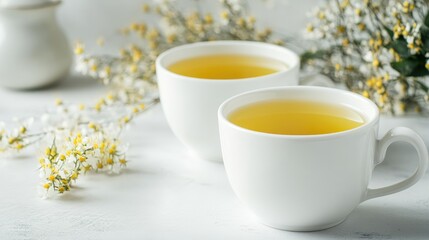Acacia plant flower green tea in white mugs on white table with copy space