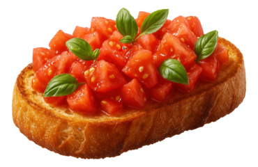 Italian bruschetta with diced tomatoes and fresh basil leaves on a toasted slice of bread.