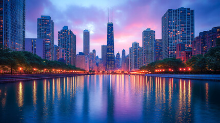 Fototapeta premium A majestic capture of the Chicago skyline mirroring over the calm river water as dusk sets in