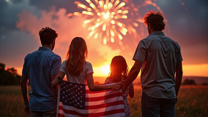 Family watching fireworks with American flag at sunset.
