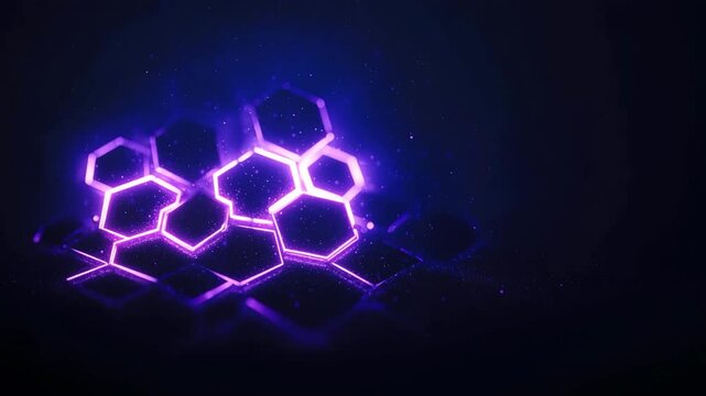 Glowing purple hexagons connected in a futuristic abstract pattern on a dark background with floating particles and digital effect