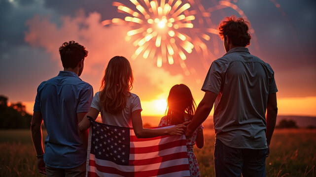 Family watching fireworks with American flag at sunset.

