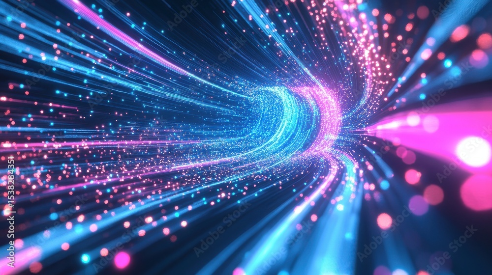 Poster abstract tunnel with glowing light trails in digital space