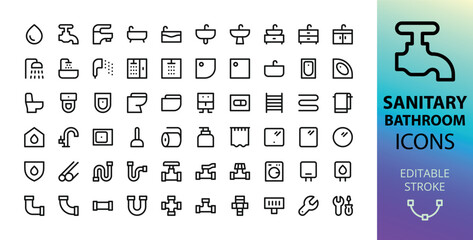 Fototapeta na wymiar Bathroom and sanitary ware UI icons set. Set of faucet, bathtub, washbasin, shower cabin and tray, toilet, plumbing pipes, bathroom furniture and cabinet, towel rail vector icon with editable stroke