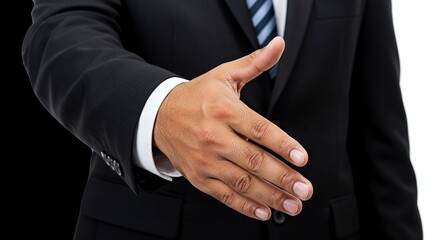 Obraz premium Businessperson in suit offers handshake closeup on outstretched hand and sleeve