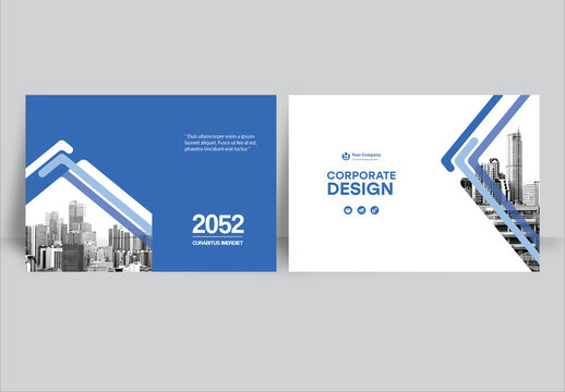Corporate brochure template with blue geometric accents and cityscape : Business report cover design in a modern landscape format with clean layout.