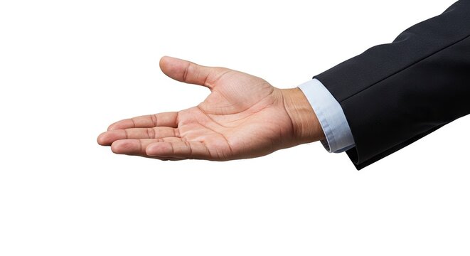 A mans hand palm open extending from a business suit sleeve against a white backdrop