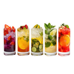  Six Different Cocktails with Fresh Fruit Garnishes Transparent Background